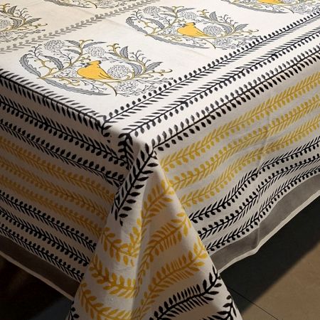Ochre Yellow Bird Pattern Handmade Canvas Cotton Table Cover